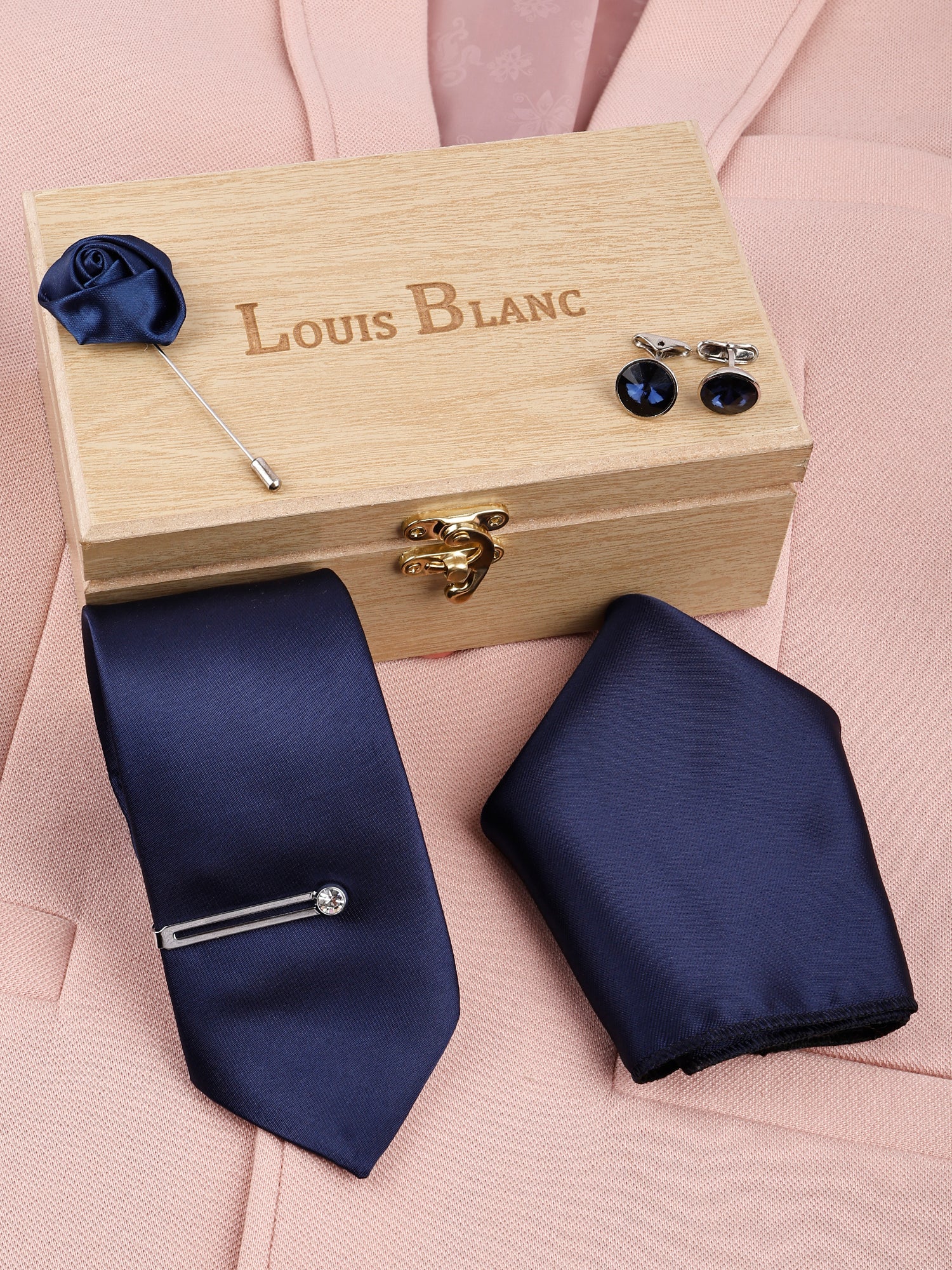 Aegean Blue Luxury Solid Necktie Set With Pocket Square silver Tie Pin, Cufflinks & Brooch