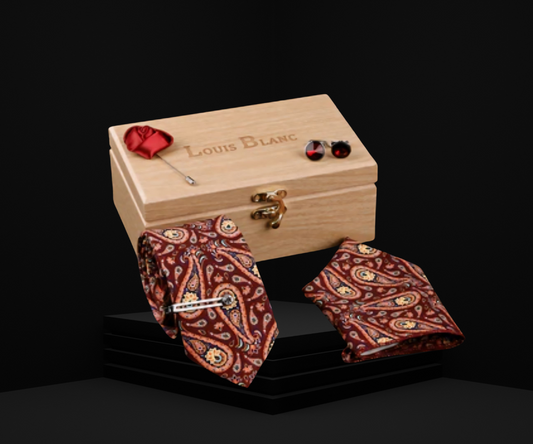 Berry Red Luxury Italian Silk Necktie set With Pocket Square Silver Tie Pin, Cufflinks & Brooch